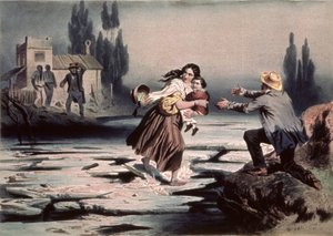 自由を求めてオハイオ川の流氷を渡るイライザ、ハリエット・ビーチャー・ストウの「アンクル・トムの小屋」の挿絵、チャールズ・ブール（1814-81）の彫刻（リトグラフ）（90903も参照 作： Adolphe Jean Baptiste (after) Bayot