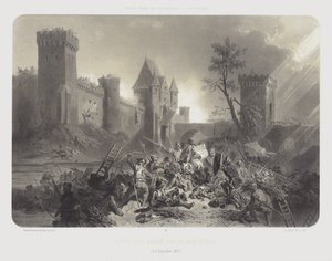 1429年9月8日、パリの城壁の前で負傷したジョーン・オブ・アーク（リトグラフ 作： Adolphe Jean Baptiste (after) Bayot