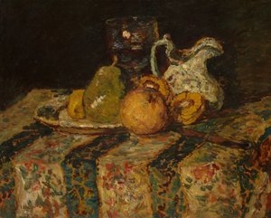 果物とワインの水差しのある静物 作： Adolphe Joseph Thomas Monticelli