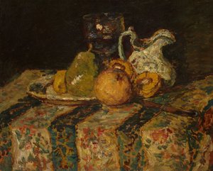 フルーツとワインジョッキのある静物 作： Adolphe Joseph Thomas Monticelli
