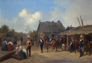 「村でビバークする兵士たち」 アドルフ・ラドゥルネル（1798-1856）の絵 作： Adolphe Ladurner