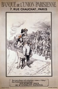 パリ連合の銀行。「フランスをヴァルミーのように勝利させるために!領土の解放のために。第4回国民借款に全員参加せよ」。アドルフ・ウィレット（1857-1926）によるイラスト 作： Adolphe Leon Willette