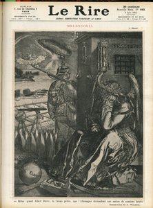 Le Lire』表紙のAdolphe dit Willette (1857-1926)のイラスト、06/06/14 - 「ヘラス、偉大なるアルバート・デューラーよ、あなたはドイツが暗い黒髪の国になると予言していたではないか！」。"メランコリア - 戦争、ドイツ プロイセン - デュレル 作： Adolphe Leon Willette