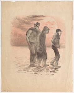 パリの風景と殺人者たち（黒と赤で刷られたリトグラフ） 作： Adolphe Leon Willette
