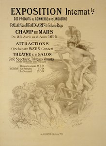 1893年パリ、シャンドマルス、パレデボザールとギャラリーラップの国際商業および工業製品展を宣伝するポスターの複製