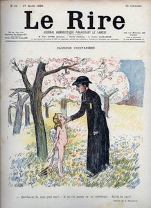 Spring Candeur - 花の森の中で、司祭が裸の子供の顔を撫でながら、背中に弓矢と一対の翼を隠しています。彼がキューピッドであることを知らずに、カテキズムで誰も見たことがないので、新しく来たのかと尋ねる - イラスト 作： Adolphe Leon Willette