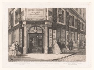 ショーウィンドーで紳士淑女と一緒にカダールとルケのビジネスのビュー Siège de la société des Aqua-fortistes (オブジェクトのタイトル) Eaux-Fortes Modernes: Originales et Inédites (シリーズタイトル) 作： Adolphe Martial Potemont