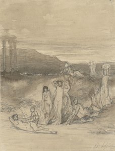 リクライニング、立位、座位の裸体像と寺院の遺跡がある古典的な風景 作： Adolphe René Lefèvre