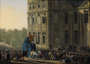 1818年にルーヴル美術館のフローラパビリオンの前でアンリ4世の像を輸送（1553-1610） 作： Adolphe Roehn