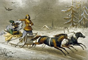 雪の中のそり、ロシア（カラー彫刻）