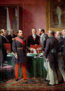 ナポレオン3世皇帝（1808-1873）がジョルジュオスマン男爵（1809-1891）に1859年6月に近隣自治体の併合令を引き渡した 作： Adolphe Yvon