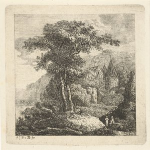 木々、城、2 人の人物がいる山岳風景 作： Adriaan Jacob Willem van Dielen