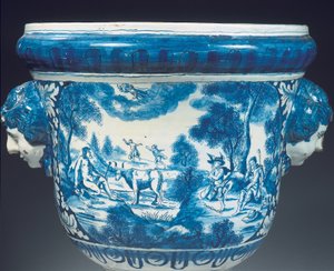 デルフト青と白のバロック様式神話庭園大壺の裏面詳細 1700年頃（陶磁器