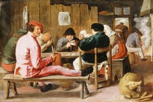 居酒屋のテーブルでの喫煙と飲酒の貧しい人々、c.1625 作： Adriaen Brouwer