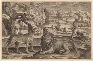 ヒョウと 2 頭のライオン 作： Adriaen Collaert
