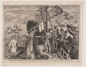 船に乗ったクリストファー・コロンブス（『アメリカ発見』より） 作： Adriaen Collaert