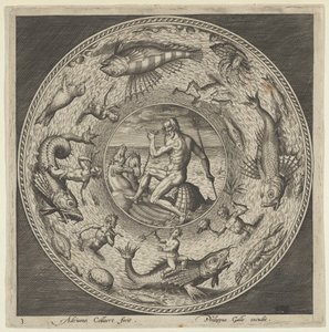 ...、c1600 に縁取られたメダリオンに馬が描いた貝殻にネプチューンを描いたプレートのデザイン。