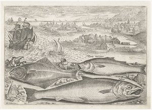 ビーチで 3 匹の魚 釣り（連載タイトル） Piscium v​​ivae アイコン (シリーズ タイトル) 作： Adriaen Collaert