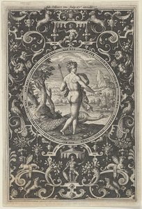 パリスの審判からのグロテスクな装飾フレームのジュノ、約。 1580-...、c1580-1600。 作： Adriaen Collaert