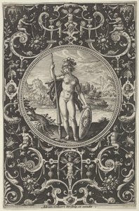 パリの審判、c1580-1600からのグロテスクな装飾フレームのミネルバ。 作： Adriaen Collaert