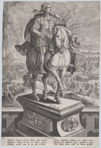 プレート 11: ティトゥスの騎馬像、右側の 4 分の 3 に見える、ヴェスヴ山... 1587-89。 作： Adriaen Collaert