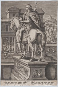 プレート 2: 地球儀を持って後ろから見たアウグストゥスの騎馬像。 1587-89。