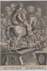 プレート 6: 後ろから見たネロの騎馬像、ローマの大火。 1587-89。 作： Adriaen Collaert