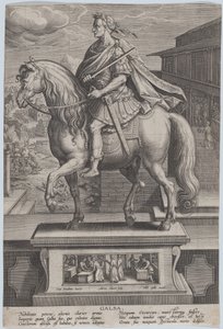プレート 7: ガルバの騎馬像、左側の横顔、斬首のシーン... 1587-89。 作： Adriaen Collaert
