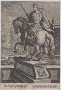 プレート 8: 後ろから見たオトの騎馬像、彼の死のシーンを背景に.. 1587-89。 作： Adriaen Collaert