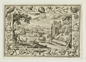 旧約聖書と新約聖書の風景画と狩猟風景から「イカロスの落下 作： Adriaen Collaert