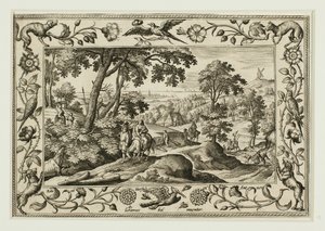 旧約聖書と新約聖書の風景画と狩猟風景から「エジプトへの逃走 作： Adriaen Collaert
