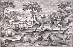 三匹の猫と二匹の猿（彫刻作品） 作： Adriaen Collaert