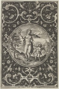 グロテスクな装飾フレームのヴィーナスとキューピッド、パリスの審判から...、c1580-1600。 作： Adriaen Collaert