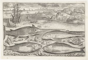 ビーチで 4 匹の魚 釣り（連載タイトル） Piscium v​​ivae アイコン (シリーズ タイトル) 作： Adriaen Collaert