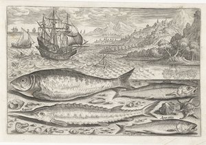 ビーチで 4 匹の魚 釣り（連載タイトル） Piscium v​​ivae アイコン (シリーズ タイトル) 作： Adriaen Collaert