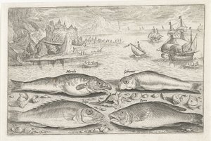 ビーチで 4 匹の魚 釣り（連載タイトル） Piscium v​​ivae アイコン (シリーズ タイトル) 作： Adriaen Collaert