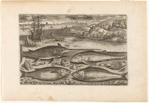 ビーチで 4 匹の魚 釣り（連載タイトル） Piscium v​​ivae アイコン (シリーズ タイトル) 作： Adriaen Collaert