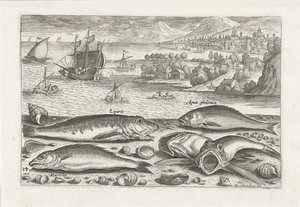 ビーチで 5 匹の魚 釣り（連載タイトル） Piscium v​​ivae アイコン (シリーズ タイトル) 作： Adriaen Collaert