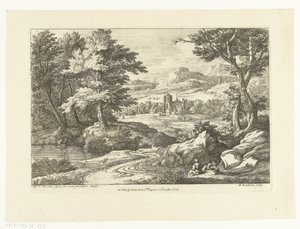 道路沿いに 2 人の人物がいる風景、遠くに教会 作： Adriaen Frans Boudewyns