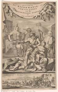 フランスの改革派教会が惨劇の男に襲われる タイトル ページ: E. ベノイスト、Historie der Reformeerde Kerken van Vrankrijk、1696 年 作： Adriaen Haelwegh