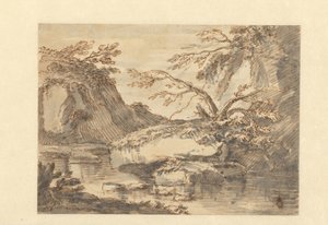 水の中に大きな岩がある風景 作： Adriaen Honich (attributed to)
