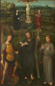 聖ミカエル大天使、アンドリュー、アッシジのフランシスとの磔刑、c。 1510年。 作： Adriaen Isenbrant