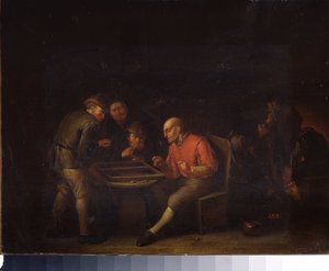 サイコロで遊ぶフレミングス。 （サイコロをするフレミングス）。 Adriaen Jansz van Ostade (1610-1685) による絵画。 オランダの学校。 キャンバスに油彩。 サンクトペテルブルクのガッチナ宮殿博物館。 作： Adriaen Jansz. van Ostade