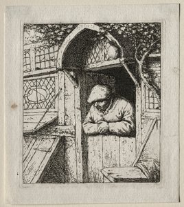 戸口に寄りかかる農民。 作： Adriaen Jansz. van Ostade