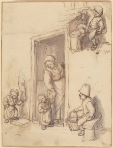 正面玄関に座っている2人の男の子がいる母親と娘がいる学習シート。 1660年代 作： Adriaen Jansz. van Ostade
