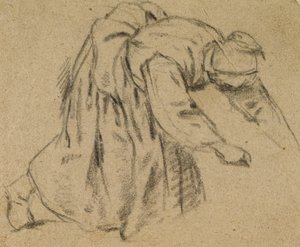 女は屈み、1656年（紙にチョーク） 作： Adriaen Jansz. van Ostade