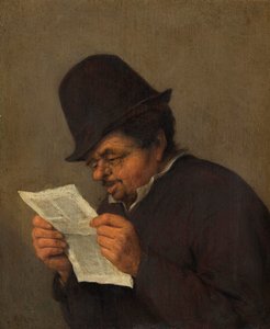 紙を読んでいる古い農民、1647年頃（オークの油） 作： Adriaen Jansz. van school of Ostade