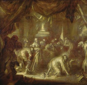 イエスと姦淫（木にグリザイユ） 作： Adriaen Pietersz van de Venne