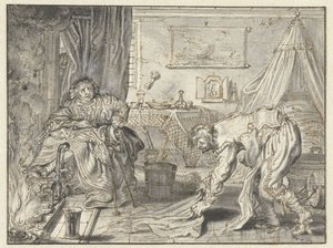 妻が囲炉裏に座っている間に床を掃除する男性 作： Adriaen Pietersz van de Venne