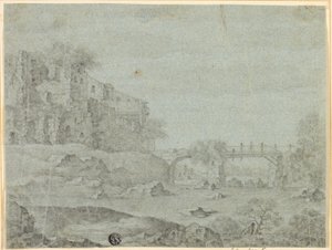 橋のある川を見下ろす廃墟 作： Adriaen Pietersz. van de Venne